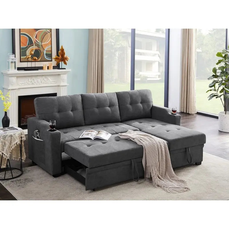 Canapé-lit d'angle en tissu tissé gris foncé avec porte-gobelets, ports de charge USB et poches