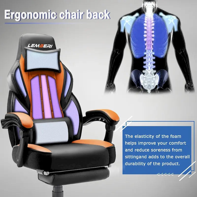 Fauteuil de jeu style course, Fauteuil gamer grande taille 136 kg, Chaise d'ordinateur à dossier haut