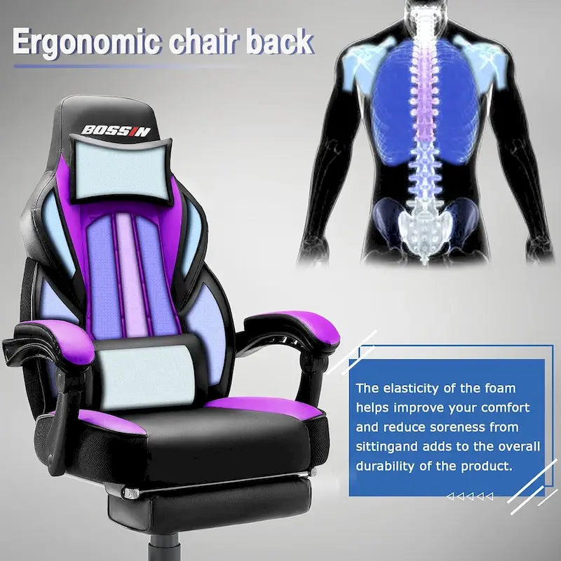 Fauteuil de jeu style course, Fauteuil gamer grande taille 136 kg, Chaise d'ordinateur à dossier haut