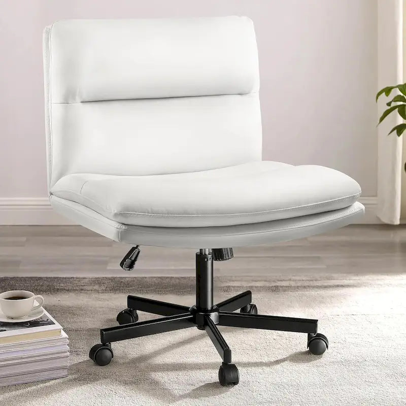 Chaise Criss Cross avec roulettes, chaise de bureau sans accoudoirs en cuir PU avec pieds croisés, chaise de travail/coiffeuse réglable à assise large