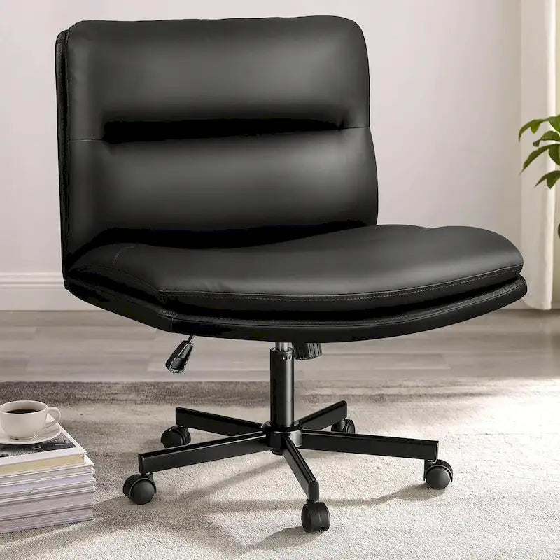 Chaise Criss Cross avec roulettes, chaise de bureau sans accoudoirs en cuir PU avec pieds croisés, chaise de travail/coiffeuse réglable à assise large