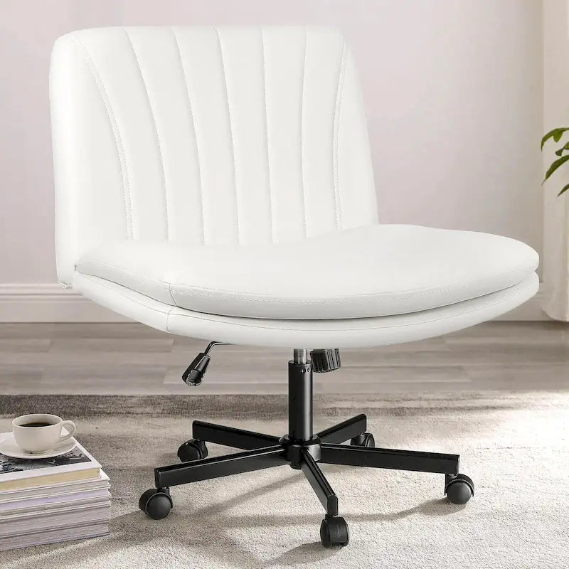 Chaise Criss Cross avec roulettes, chaise de bureau sans accoudoirs en cuir PU avec pieds croisés, chaise de travail/coiffeuse réglable à assise large