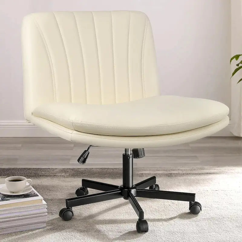 Chaise Criss Cross avec roulettes, chaise de bureau sans accoudoirs en cuir PU avec pieds croisés, chaise de travail/coiffeuse réglable à assise large
