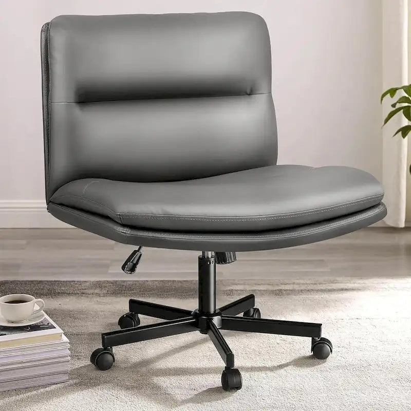 Chaise Criss Cross avec roulettes, chaise de bureau sans accoudoirs en cuir PU avec pieds croisés, chaise de travail/coiffeuse réglable à assise large