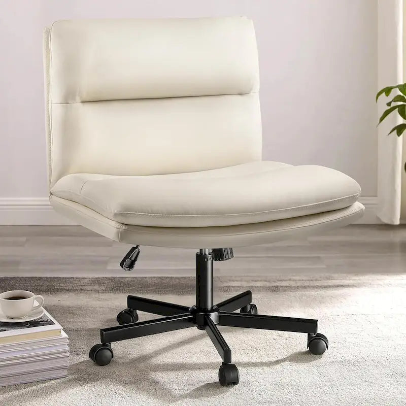 Chaise Criss Cross avec roulettes, chaise de bureau sans accoudoirs en cuir PU avec pieds croisés, chaise de travail/coiffeuse réglable à assise large