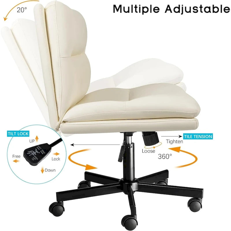 Chaise Criss Cross avec roulettes, chaise de bureau sans accoudoirs en cuir PU avec pieds croisés, chaise de travail/coiffeuse réglable à assise large