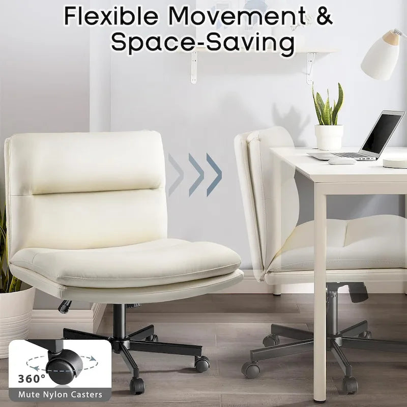 Chaise Criss Cross avec roulettes, chaise de bureau sans accoudoirs en cuir PU avec pieds croisés, chaise de travail/coiffeuse réglable à assise large