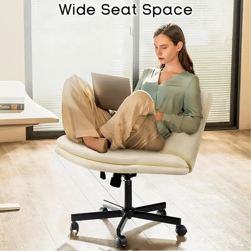 Chaise Criss Cross avec roulettes, chaise de bureau sans accoudoirs en cuir PU avec pieds croisés, chaise de travail/coiffeuse réglable à assise large