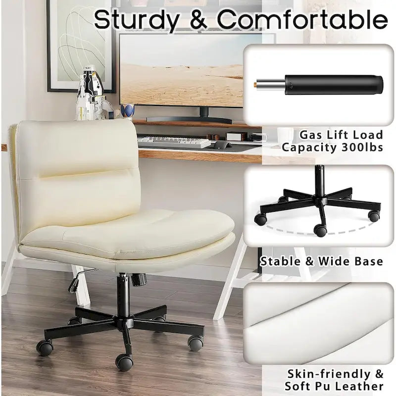 Chaise Criss Cross avec roulettes, chaise de bureau sans accoudoirs en cuir PU avec pieds croisés, chaise de travail/coiffeuse réglable à assise large