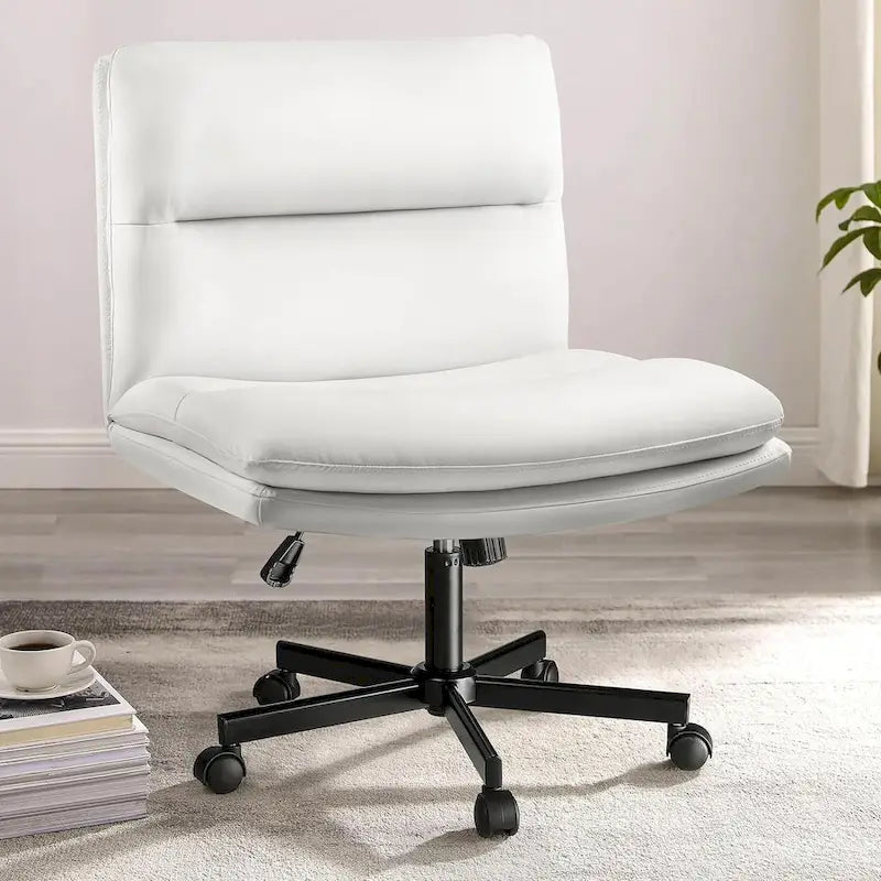 Chaise Criss Cross avec roulettes, chaise de bureau sans accoudoirs en cuir PU avec pieds croisés, chaise de travail/coiffeuse réglable à assise large