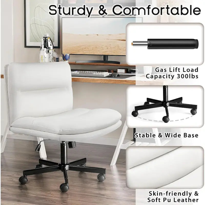 Chaise Criss Cross avec roulettes, chaise de bureau sans accoudoirs en cuir PU avec pieds croisés, chaise de travail/coiffeuse réglable à assise large