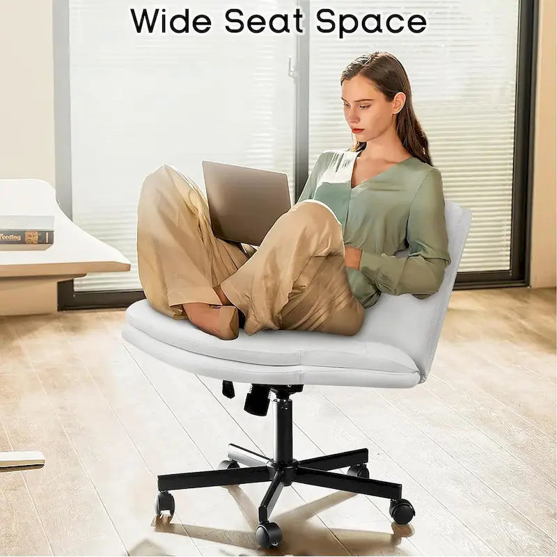 Chaise Criss Cross avec roulettes, chaise de bureau sans accoudoirs en cuir PU avec pieds croisés, chaise de travail/coiffeuse réglable à assise large