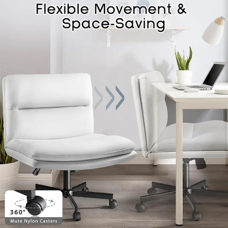 Chaise Criss Cross avec roulettes, chaise de bureau sans accoudoirs en cuir PU avec pieds croisés, chaise de travail/coiffeuse réglable à assise large