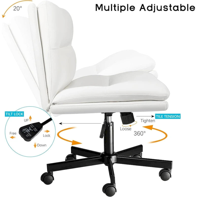 Chaise Criss Cross avec roulettes, chaise de bureau sans accoudoirs en cuir PU avec pieds croisés, chaise de travail/coiffeuse réglable à assise large