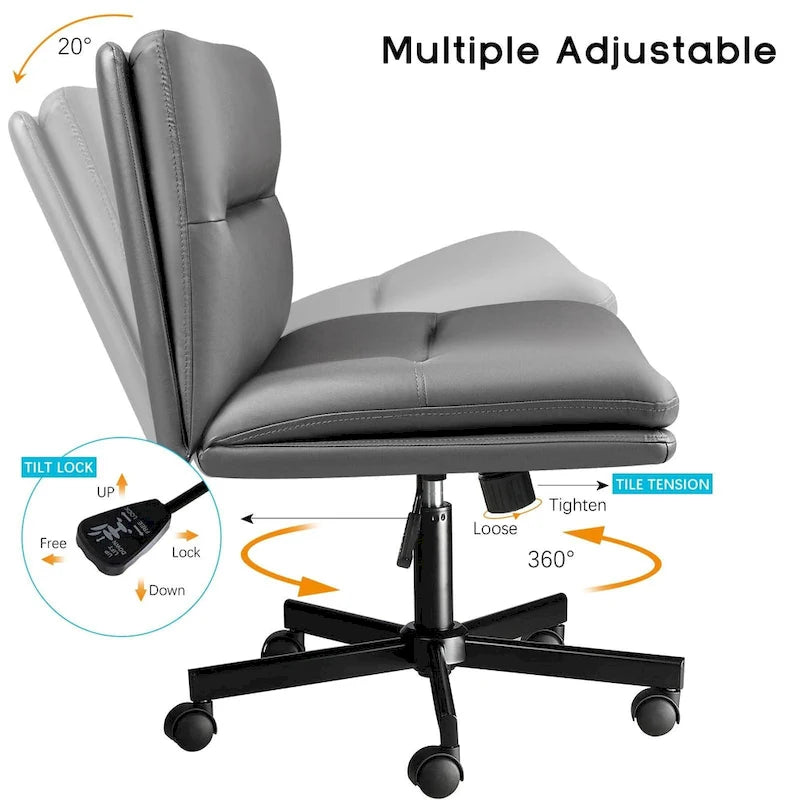 Chaise Criss Cross avec roulettes, chaise de bureau sans accoudoirs en cuir PU avec pieds croisés, chaise de travail/coiffeuse réglable à assise large