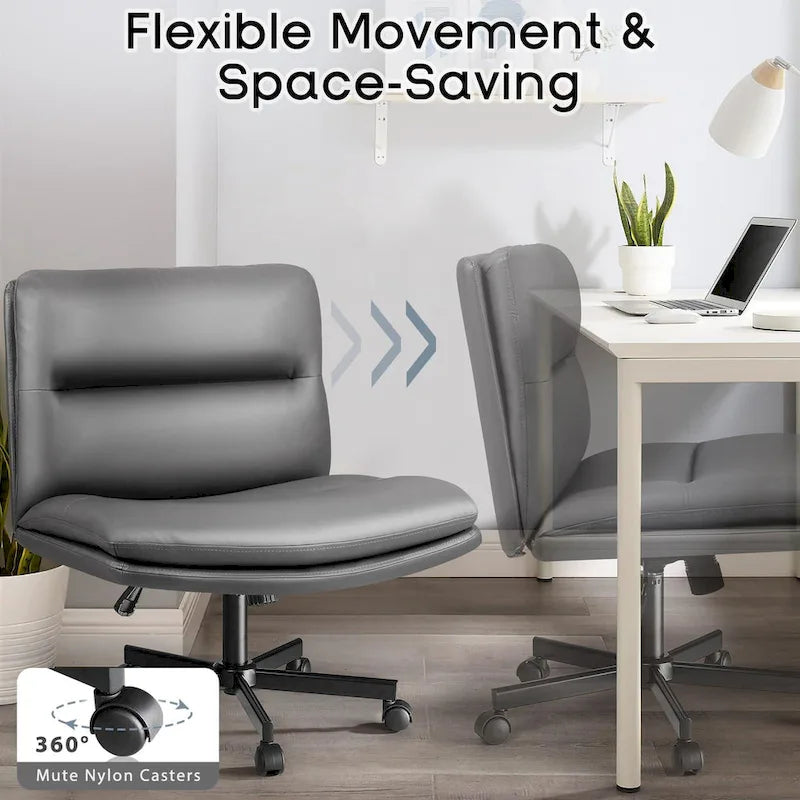 Chaise Criss Cross avec roulettes, chaise de bureau sans accoudoirs en cuir PU avec pieds croisés, chaise de travail/coiffeuse réglable à assise large