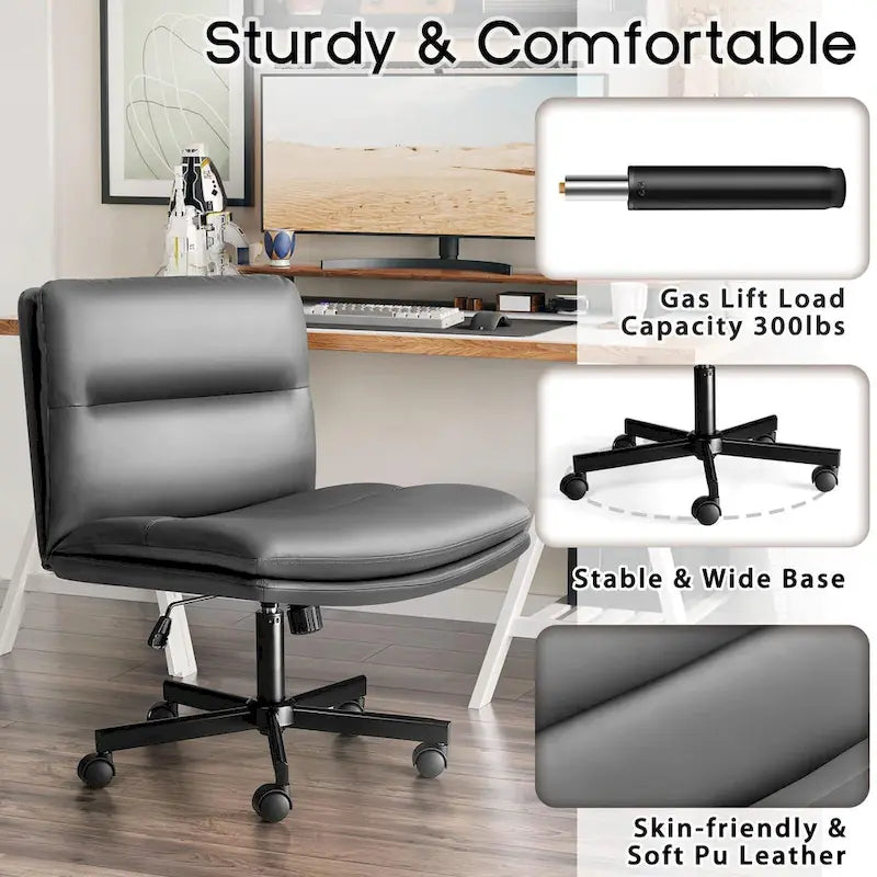 Chaise Criss Cross avec roulettes, chaise de bureau sans accoudoirs en cuir PU avec pieds croisés, chaise de travail/coiffeuse réglable à assise large