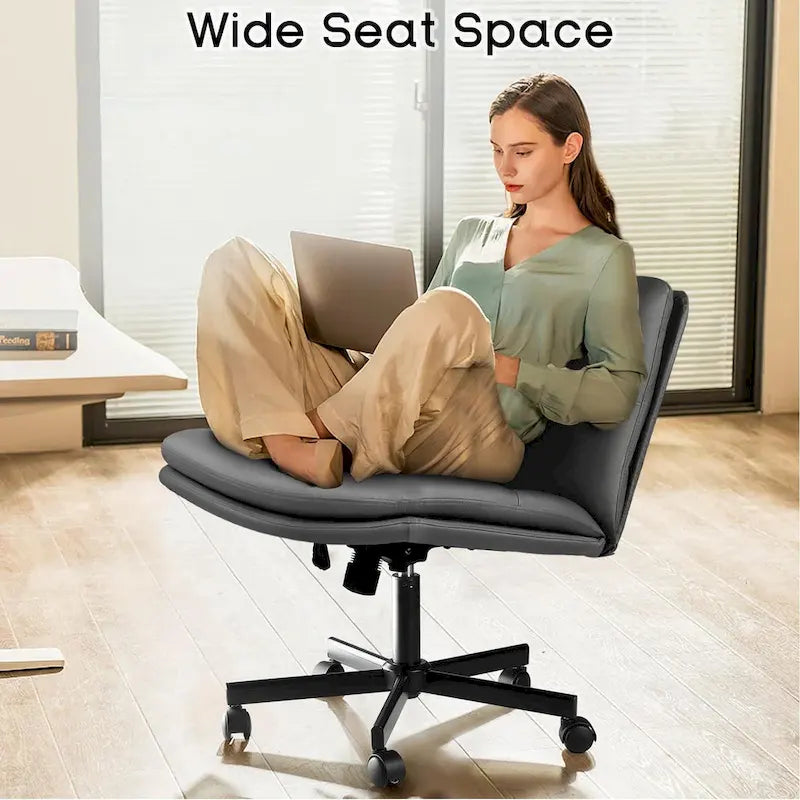 Chaise Criss Cross avec roulettes, chaise de bureau sans accoudoirs en cuir PU avec pieds croisés, chaise de travail/coiffeuse réglable à assise large