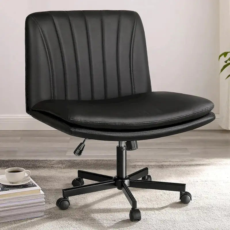 Chaise Criss Cross avec roulettes, chaise de bureau sans accoudoirs en cuir PU avec pieds croisés, chaise de travail/coiffeuse réglable à assise large