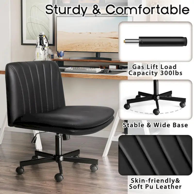 Chaise Criss Cross avec roulettes, chaise de bureau sans accoudoirs en cuir PU avec pieds croisés, chaise de travail/coiffeuse réglable à assise large