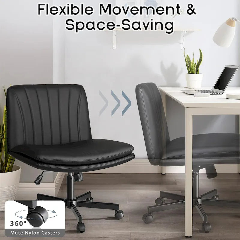 Chaise Criss Cross avec roulettes, chaise de bureau sans accoudoirs en cuir PU avec pieds croisés, chaise de travail/coiffeuse réglable à assise large