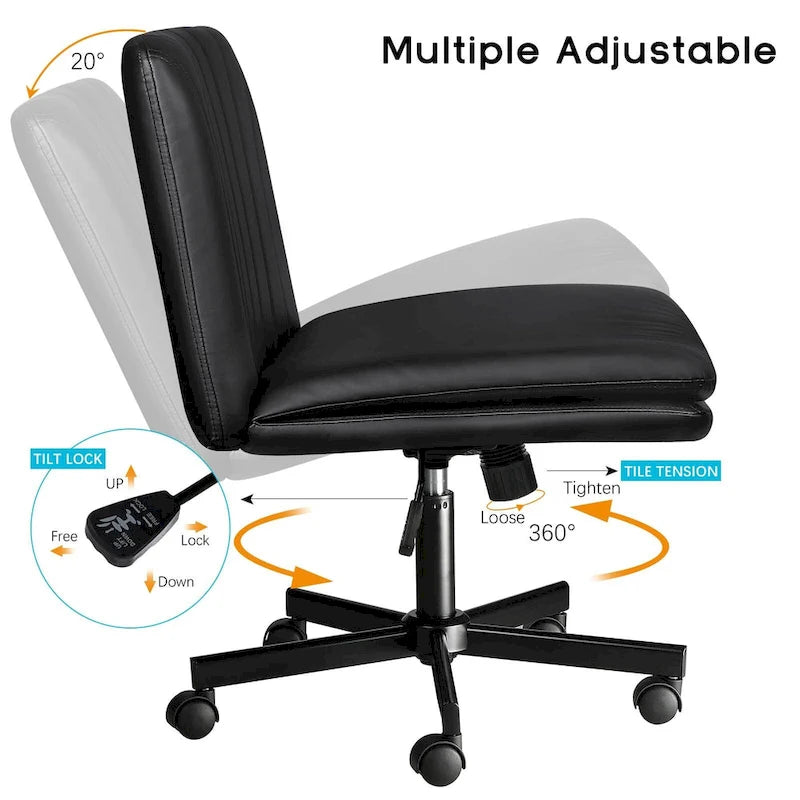 Chaise Criss Cross avec roulettes, chaise de bureau sans accoudoirs en cuir PU avec pieds croisés, chaise de travail/coiffeuse réglable à assise large