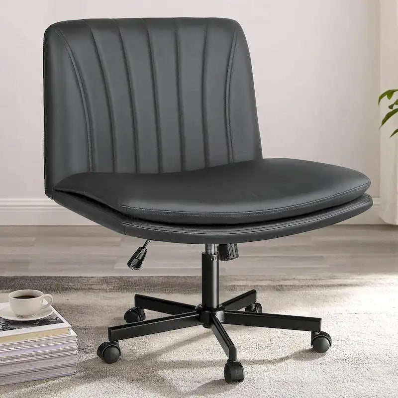 Chaise Criss Cross avec roulettes, chaise de bureau sans accoudoirs en cuir PU avec pieds croisés, chaise de travail/coiffeuse réglable à assise large