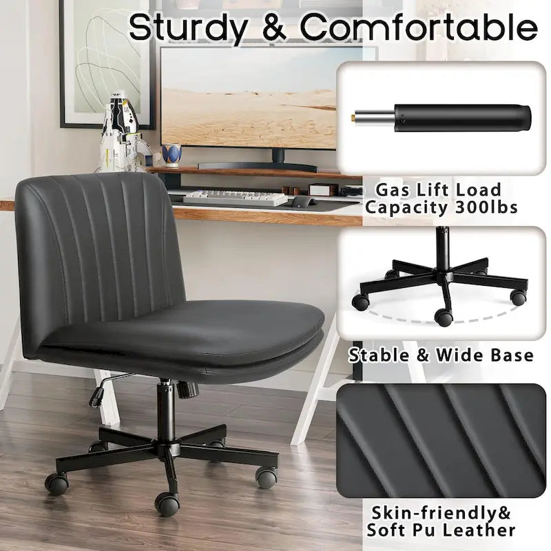 Chaise Criss Cross avec roulettes, chaise de bureau sans accoudoirs en cuir PU avec pieds croisés, chaise de travail/coiffeuse réglable à assise large