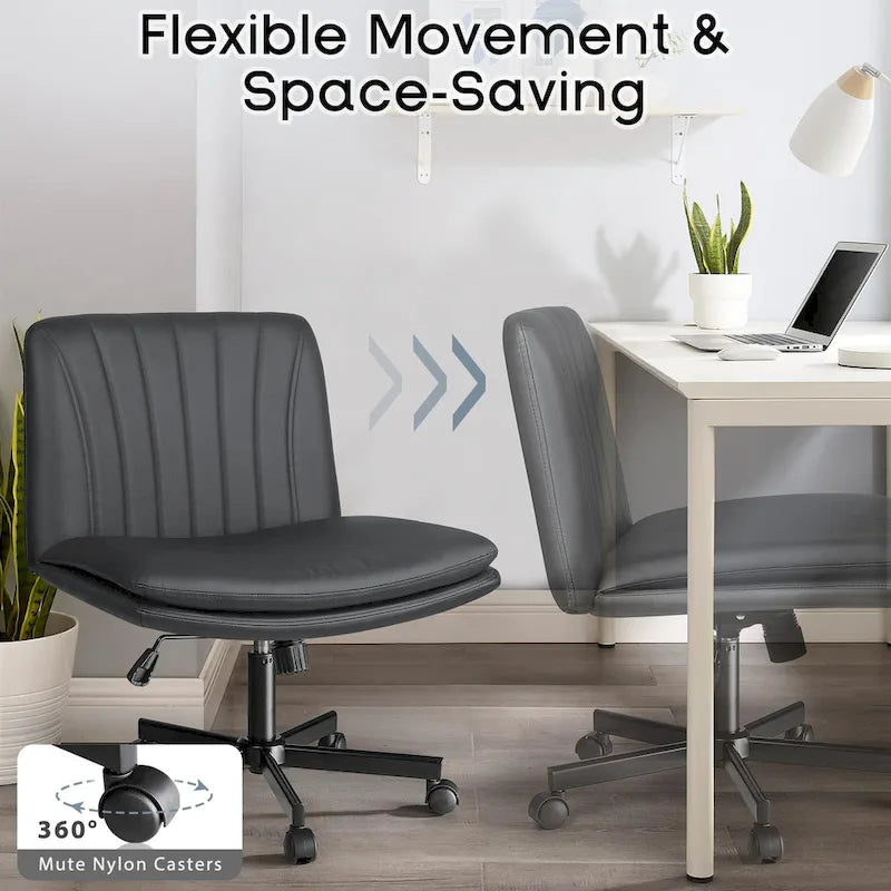 Chaise Criss Cross avec roulettes, chaise de bureau sans accoudoirs en cuir PU avec pieds croisés, chaise de travail/coiffeuse réglable à assise large