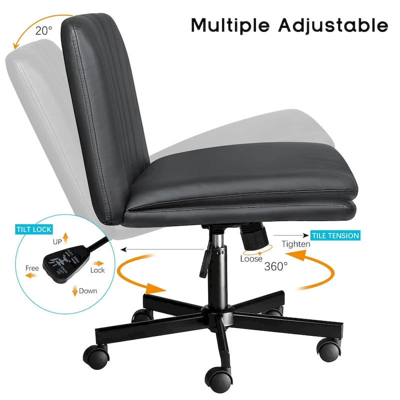 Chaise Criss Cross avec roulettes, chaise de bureau sans accoudoirs en cuir PU avec pieds croisés, chaise de travail/coiffeuse réglable à assise large