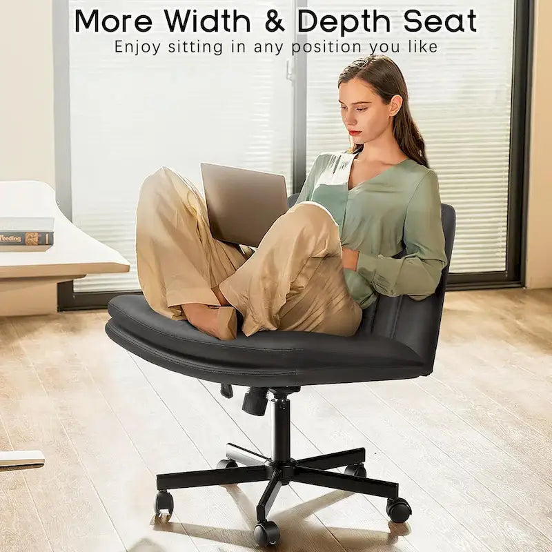 Chaise Criss Cross avec roulettes, chaise de bureau sans accoudoirs en cuir PU avec pieds croisés, chaise de travail/coiffeuse réglable à assise large