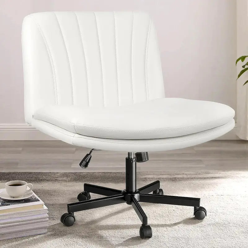 Chaise Criss Cross avec roulettes, chaise de bureau sans accoudoirs en cuir PU avec pieds croisés, chaise de travail/coiffeuse réglable à assise large