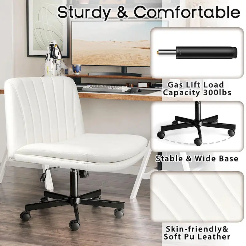 Chaise Criss Cross avec roulettes, chaise de bureau sans accoudoirs en cuir PU avec pieds croisés, chaise de travail/coiffeuse réglable à assise large