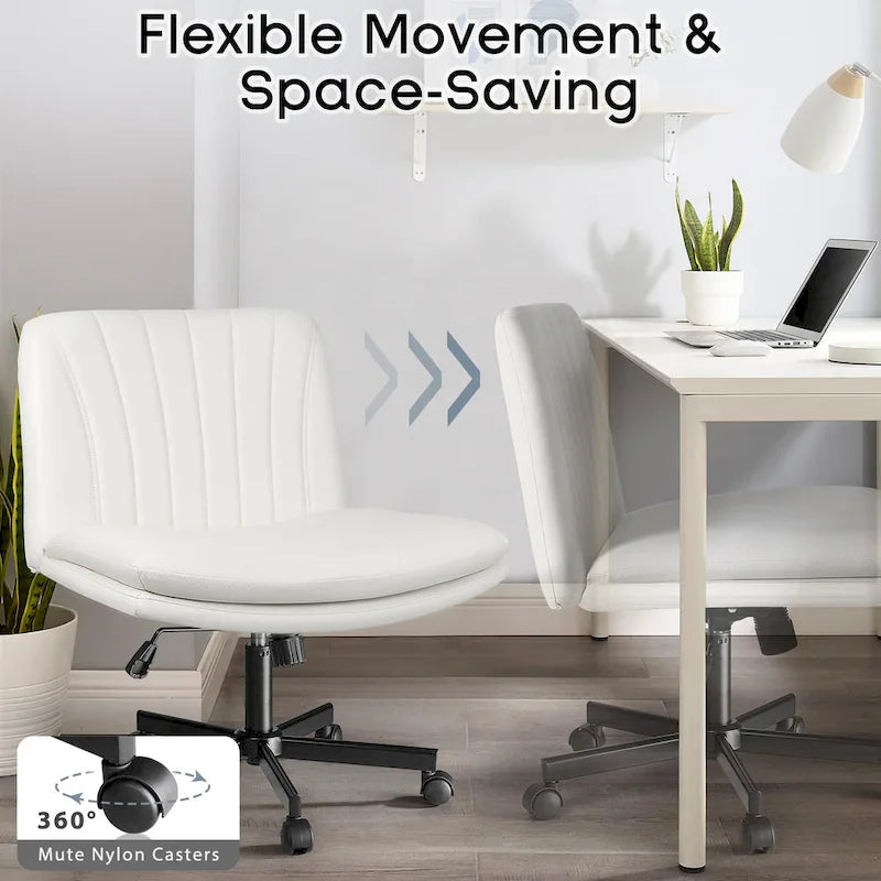 Chaise Criss Cross avec roulettes, chaise de bureau sans accoudoirs en cuir PU avec pieds croisés, chaise de travail/coiffeuse réglable à assise large