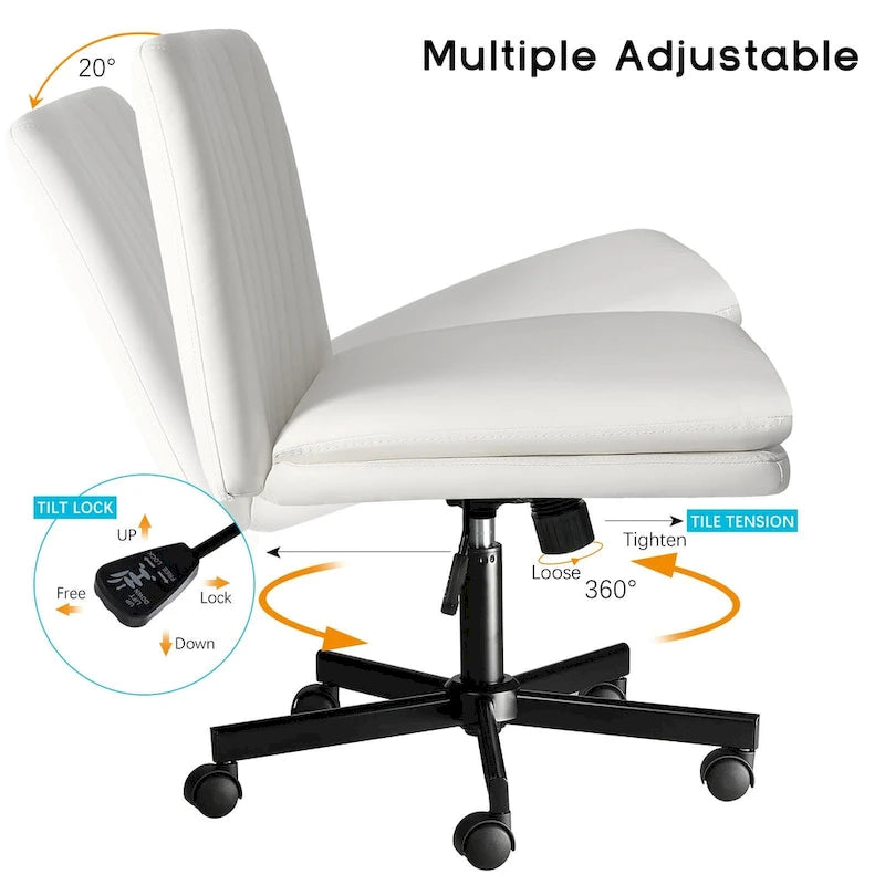 Chaise Criss Cross avec roulettes, chaise de bureau sans accoudoirs en cuir PU avec pieds croisés, chaise de travail/coiffeuse réglable à assise large